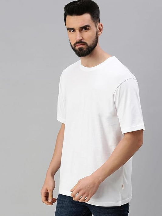 White Oversized Baggy Fit Drop Shoulder Half Sleeves Round Neck Solid Pure Cotton T-Shirt for Men