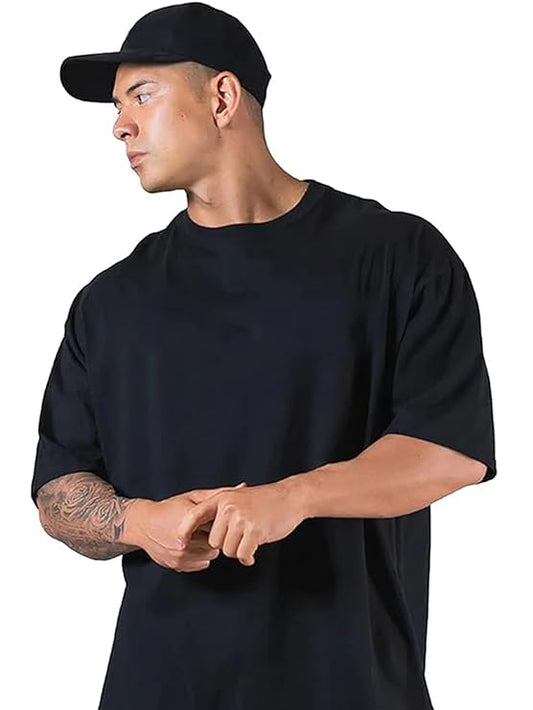 Half Sleeve Oversized Tshirt for Men, Round Neck Cottonblend Drop Shoulder Solid T-Shirt