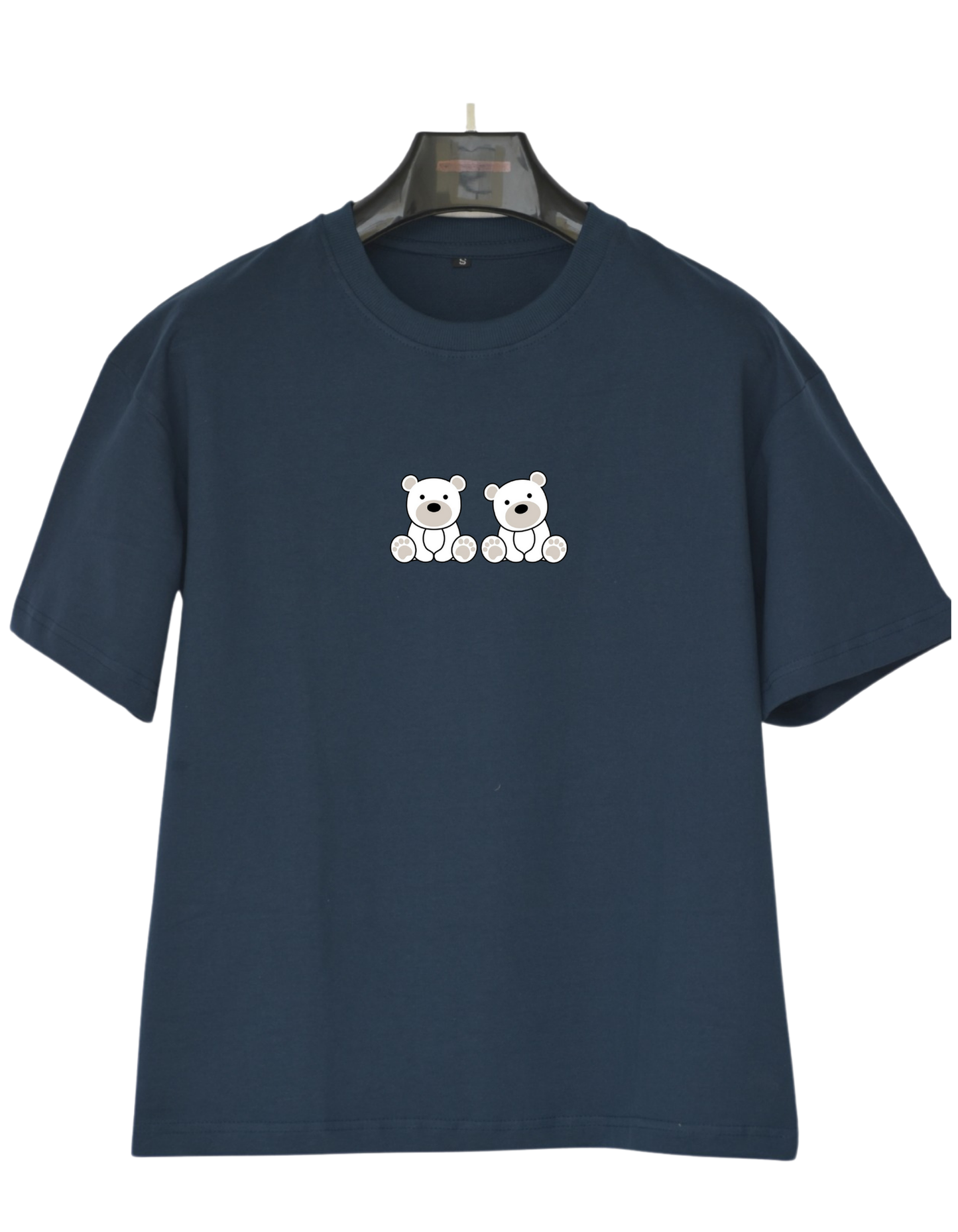 Cute Bear Duo Design Unisex Oversize Navy Blue Cotton T-Shirt