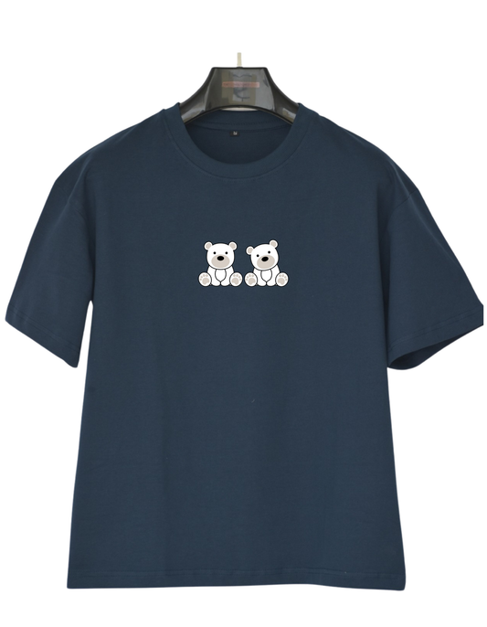 Cute Bear Duo Design Unisex Oversize Navy Blue Cotton T-Shirt