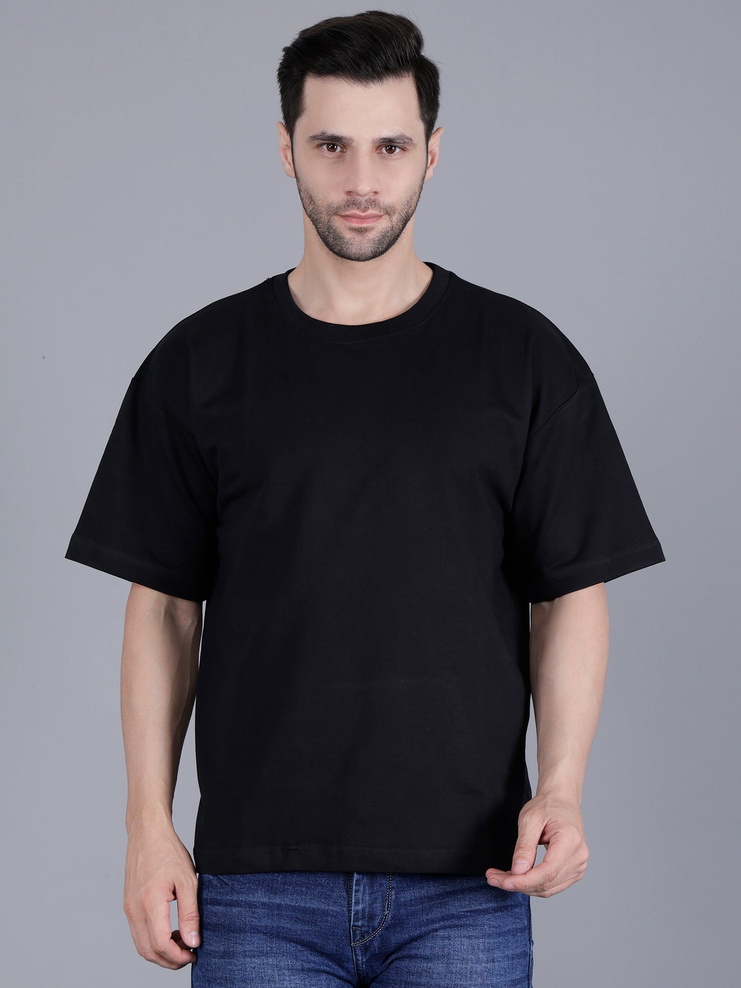 Half Sleeve Oversized Tshirt for Men, Round Neck Cotton Drop Shoulder Solid T-Shirt