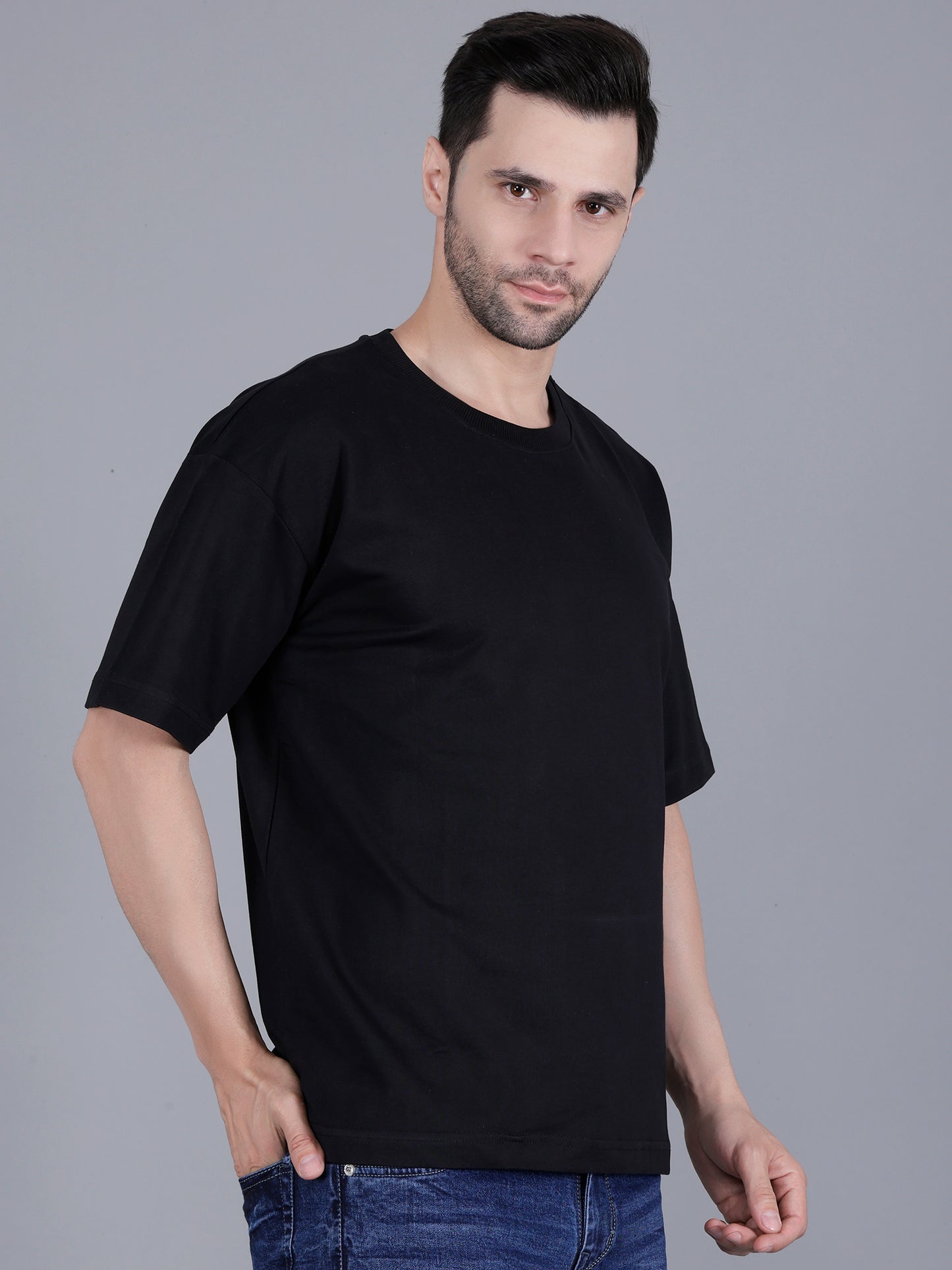 Half Sleeve Oversized Tshirt for Men, Round Neck Cotton Drop Shoulder Solid T-Shirt