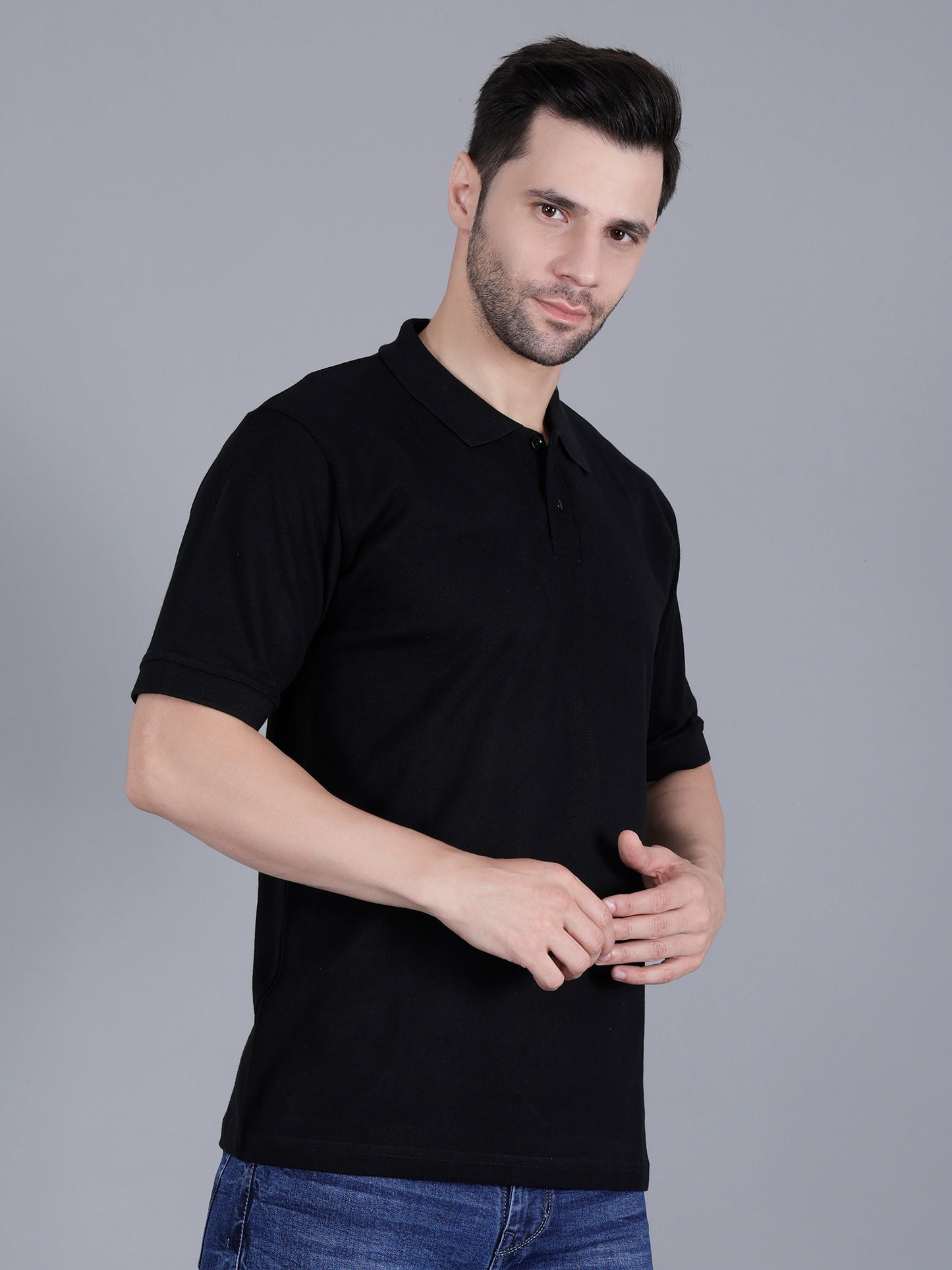 Black Polo T-Shirt For Men's Cotton Stretch Solid (Regular Fit | Pique Knit)