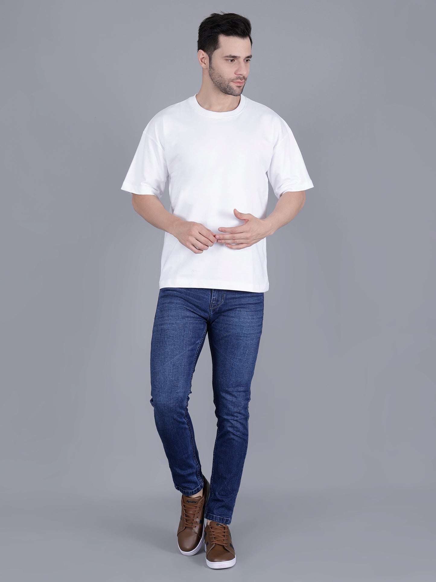 White Oversized Baggy Fit Drop Shoulder Half Sleeves Round Neck Solid Pure Cotton T-Shirt for Men