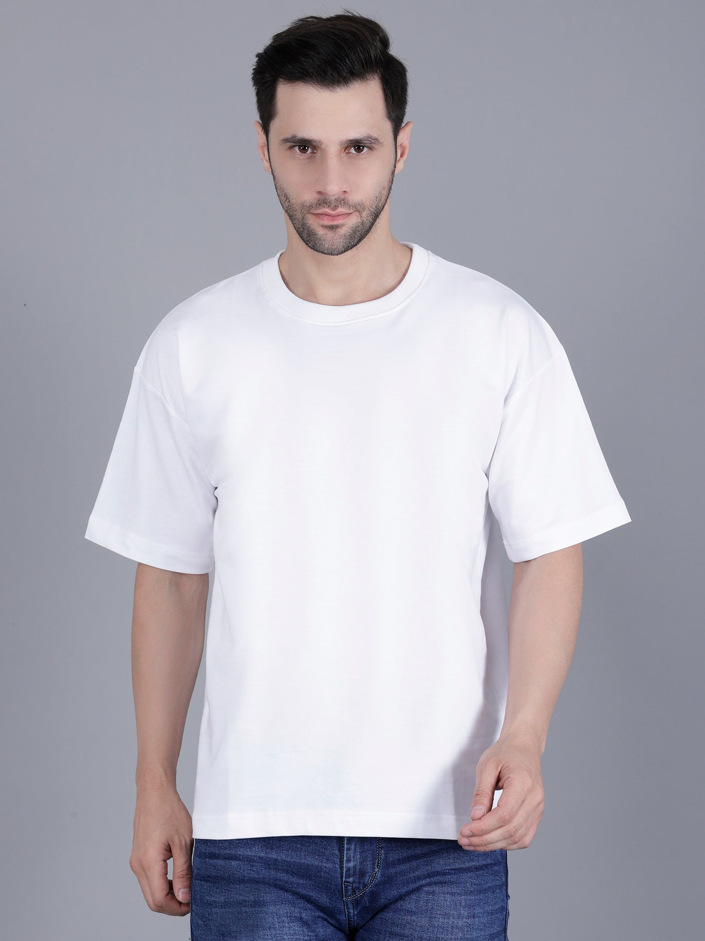 White Oversized Baggy Fit Drop Shoulder Half Sleeves Round Neck Solid Pure Cotton T-Shirt for Men