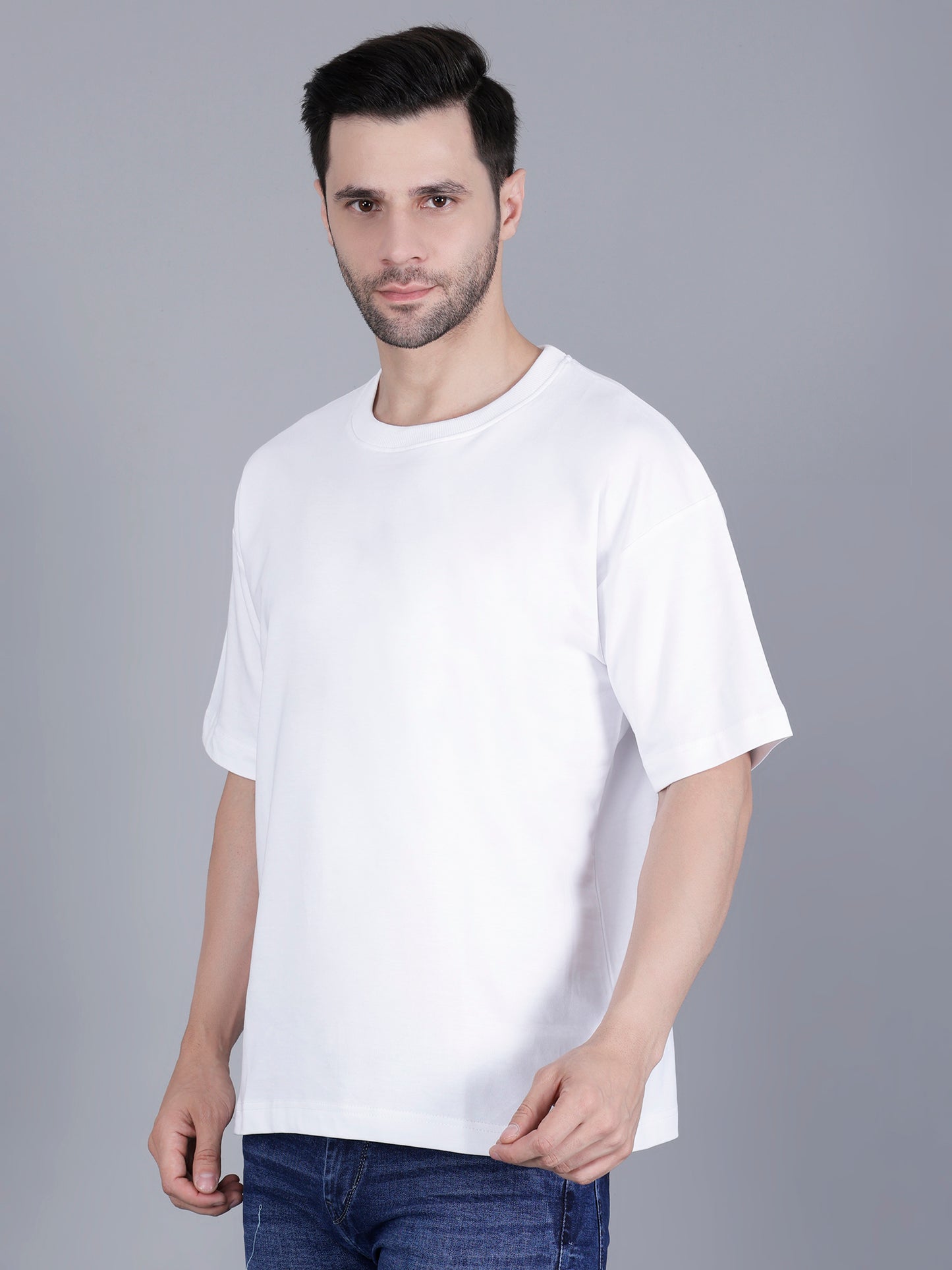 White Oversized Baggy Fit Drop Shoulder Half Sleeves Round Neck Solid Pure Cotton T-Shirt for Men