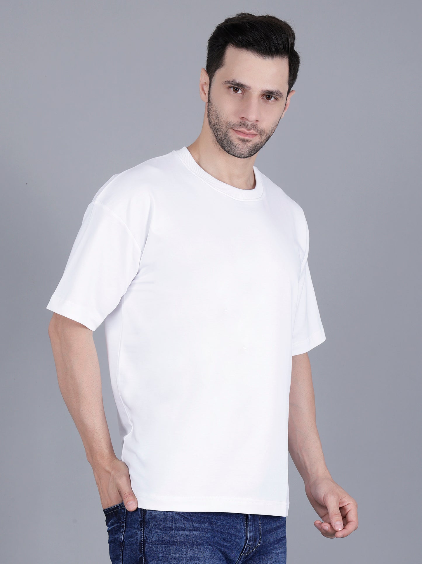 White Oversized Baggy Fit Drop Shoulder Half Sleeves Round Neck Solid Pure Cotton T-Shirt for Men