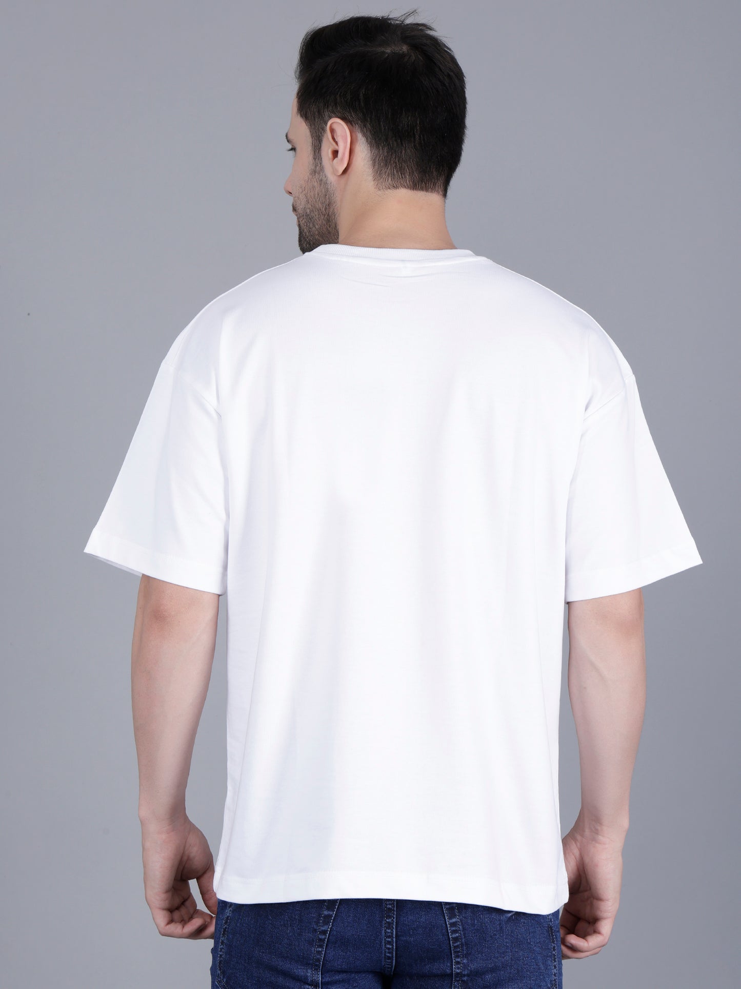 White Oversized Baggy Fit Drop Shoulder Half Sleeves Round Neck Solid Pure Cotton T-Shirt for Men