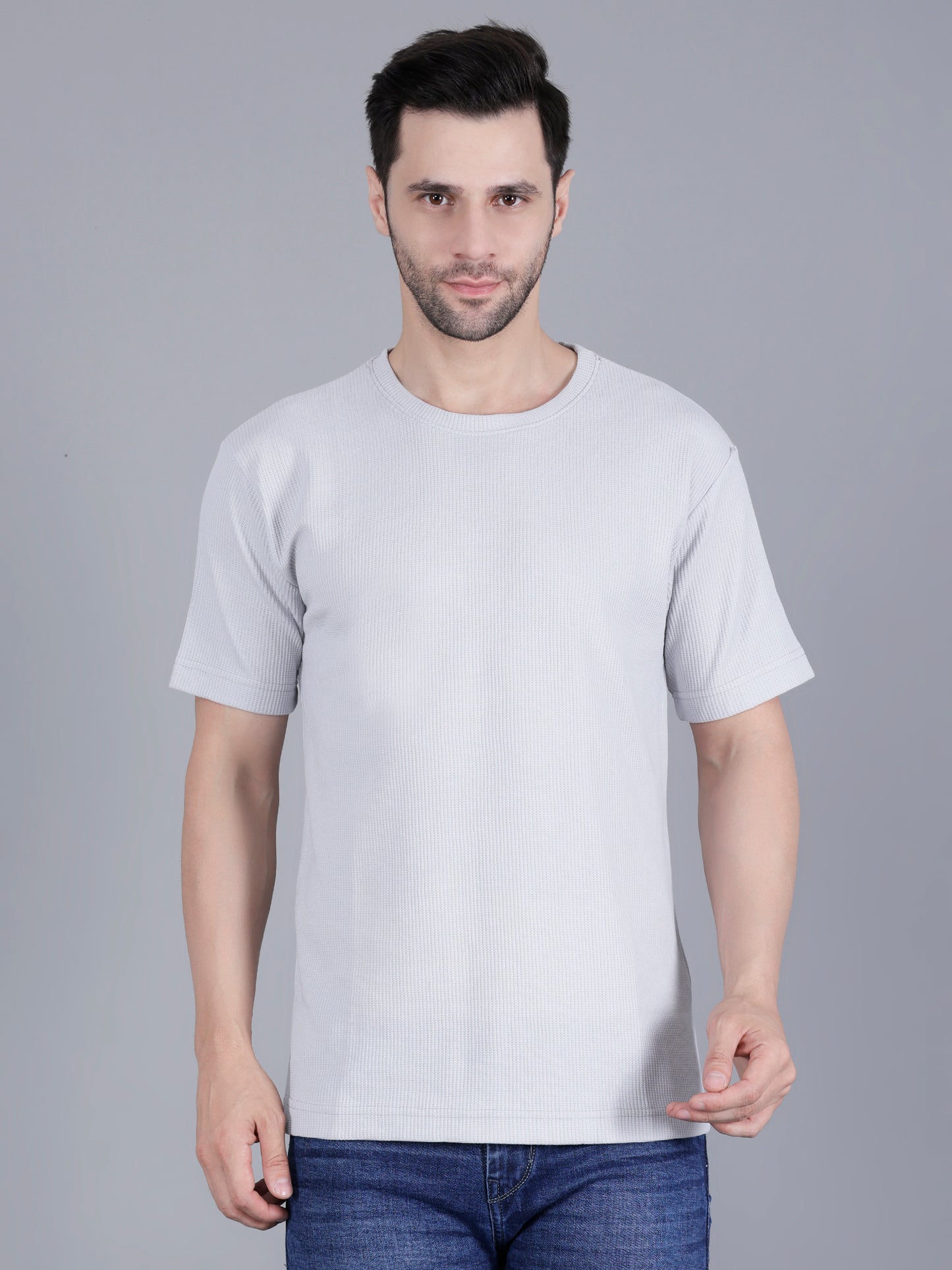 Men's Grey Regular Fit Waffle Cotton Textured Round Neck T-Shirt | Comfortable & Stylish