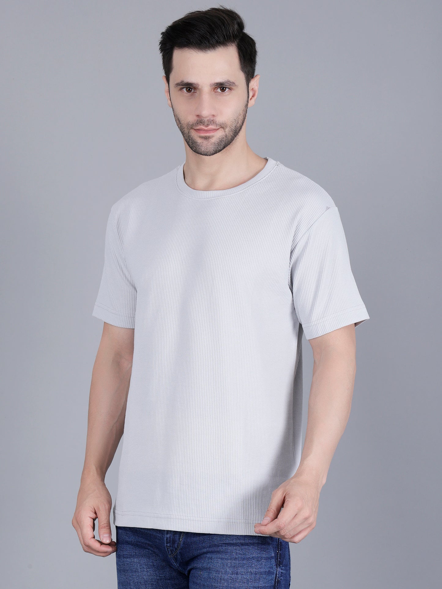 Men's Grey Regular Fit Waffle Cotton Textured Round Neck T-Shirt | Comfortable & Stylish