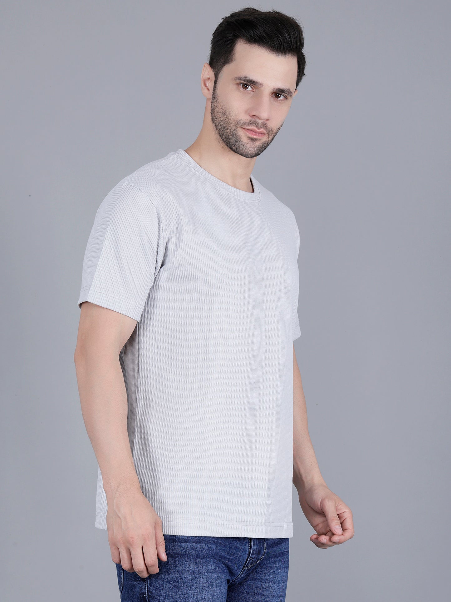 Men's Grey Regular Fit Waffle Cotton Textured Round Neck T-Shirt | Comfortable & Stylish